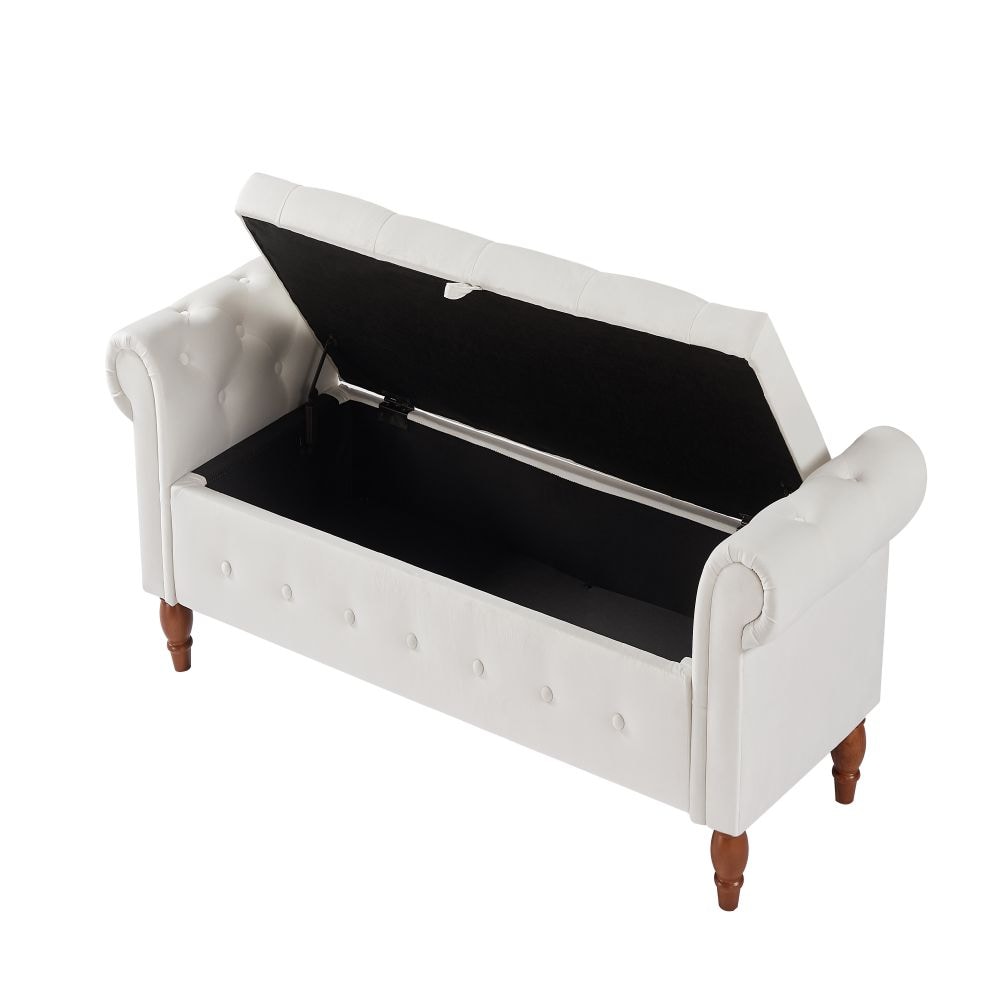 Velvet Storage Ottoman Bench – Multifunctional Beige Sofa Stool With Hidden Compartment, 500lbs Capacity, Rubberwood Legs_voghion.com